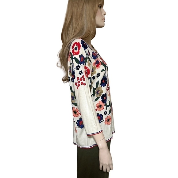 Talbots Sweater Vivid Floral Print Bracelet length Sleeve Boat neck Pullover - Picture 8 of 13